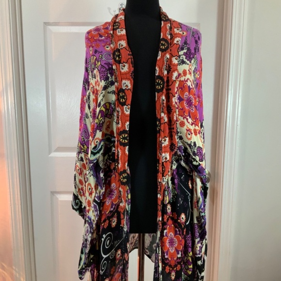 Free People Kimono Boho Festival Asymmetrical Floral Long Duster Hippie One Size - Picture 4 of 12